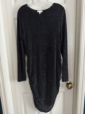 Leith Black Silver Sparkle Long-Sleeve Ruched Dress